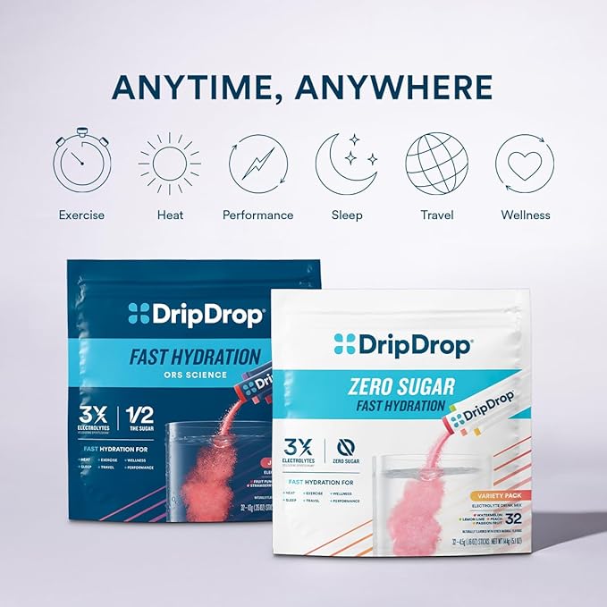 DripDrop Sugar Free Hydration Packets - Zero Watermelon - Single Serve Electrolytes Powder Drink Mix - Non-GMO, Gluten Free, Vegan - 32 Sticks