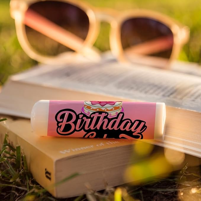 OLYCRAFT 100Pcs 4 Styles Lipstick Tag Stickers Birthday Cake Lip Balm Label Sticker 2.1x1.7 inch Self Adhesive Lipstick Labels with Happy Birthday for Lip Balm Container Tubes Wrapping Decorations