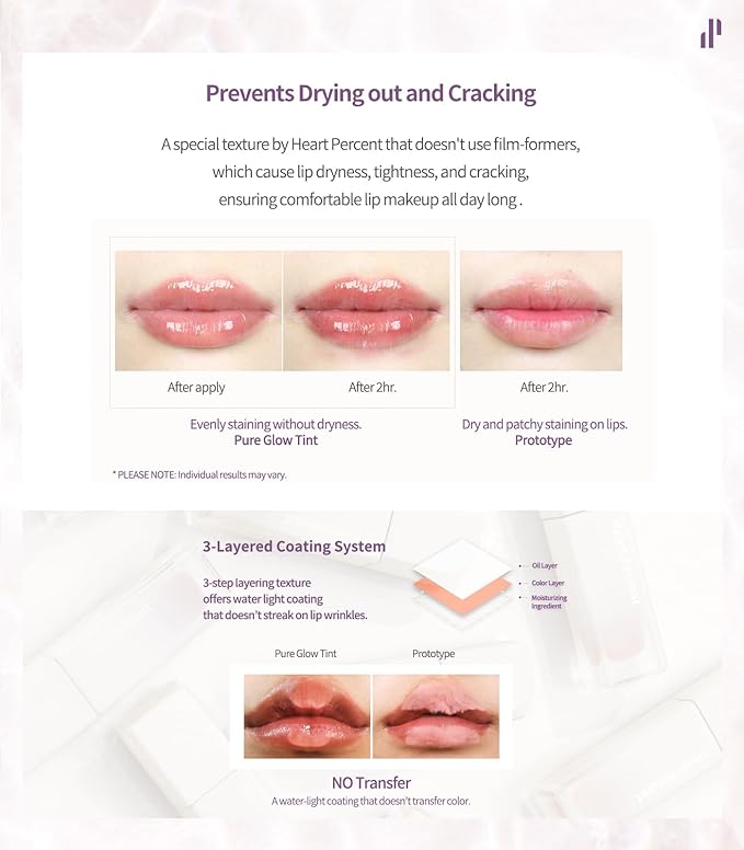 Heart Percent Dote On Mood Pure Glow Tint, Watery & Lightweight Moisturizing Lip Stain Long Lasting Liquid Lipstick 6.8g, #14. Magenta Dew