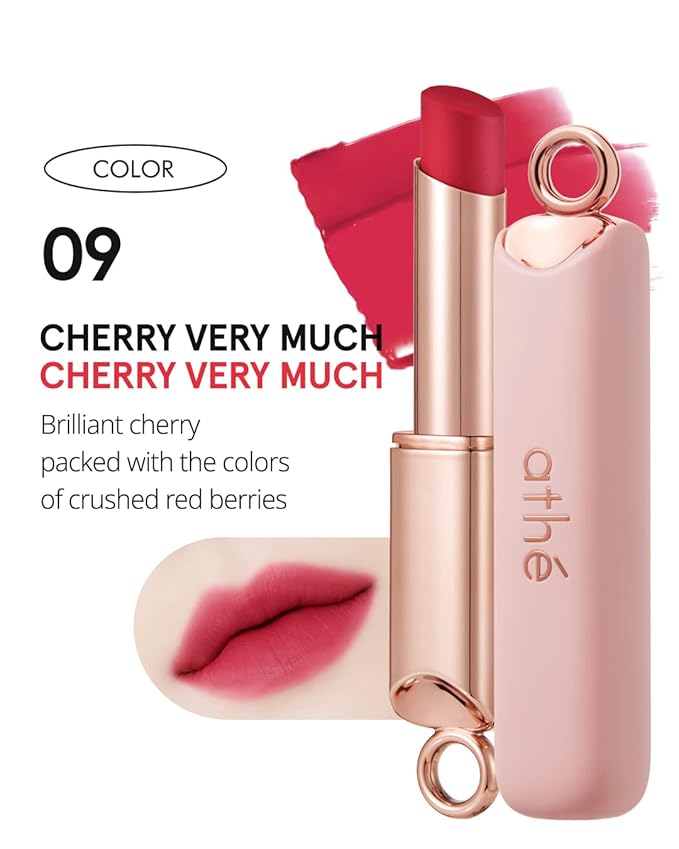ATHÉ Authentic Airy Lip Balm 09 CHERRY VERY MUCH, Korean Vegan Color Lip Blam, Flake-Free Slim Fit Lips, Silky Powdery Finish & Air-like Blurring with Vibrant Colors, 0.11oz.