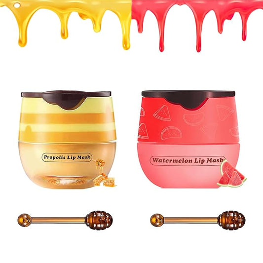 2 PCS Bee Lip Balm Honey Pot, Honey Watermelon Bee Lip Balm Sleeping Lip Mask Overnight with Sticks, Honey Pot Lip Balm Hydrating Exfoliating Prevention Dry and Crack Lip Scrubs