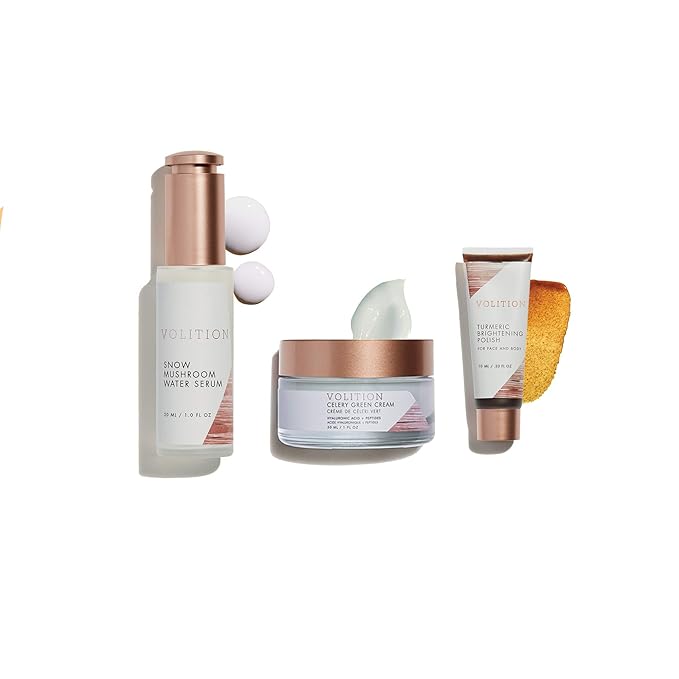 Volition Beauty Dewy Skin Kit Bundle with Celery Green Cream, Snow Mushroom Water Serum, Turmeric Brightening Polish | Age-Defies, Minimizes Pores & Brightens | Vegan, Paraben-Free & Cruelty-Free