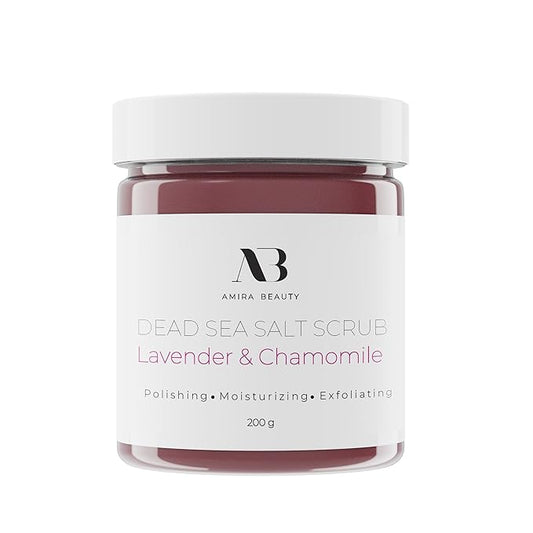 Amira Beauty Dead Sea Salt Body Scrub | Lavender & Chamomile | Foaming Shower Scrub with Organic Essential Oils | Exfoliates and Moisturizes Skin | 7 OZ