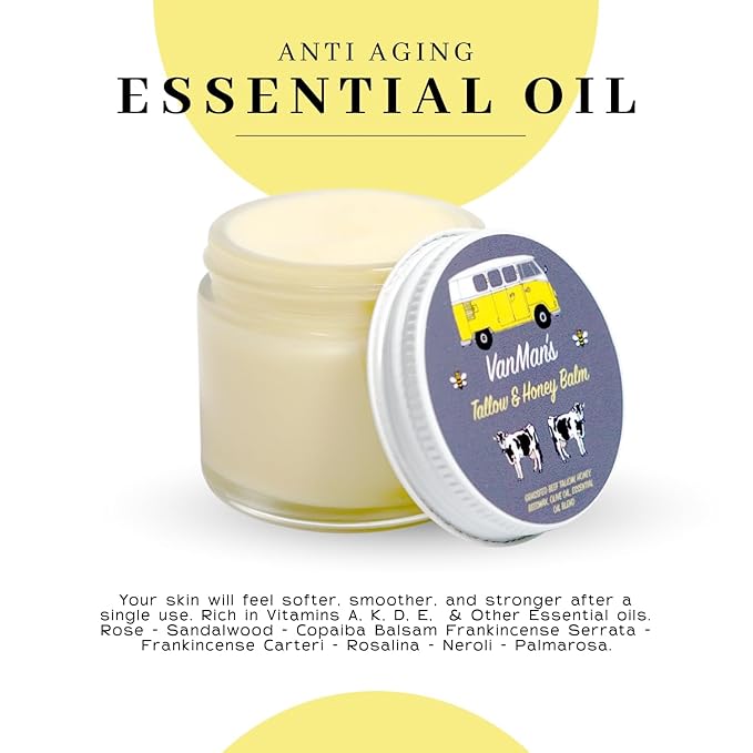 Vanman's - Tallow and Honey Balm Jumbo - Tallow Face Moisturizer with Pure Grass-Fed/Finished Beef Tallow for Skin and Essential Oils, Organic Raw Honey and Beeswax, Cold Pressed Olive Oil - 6 oz