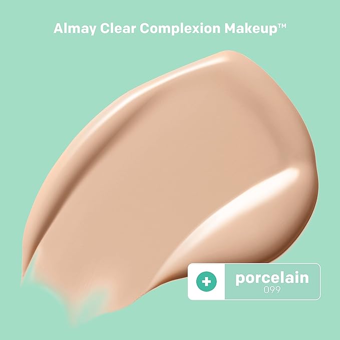 Almay Clear Complexion Acne Foundation Makeup with Salicylic Acid - Lightweight, Medium Coverage, Hypoallergenic, Fragrance-Free, for Sensitive Skin, 099 Porcelain, 1 fl oz.