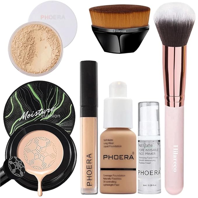 PHOERA Foundation Full Coverage Makeup, Mushroom Head Air Cushion CC Cream Natural Foundation Set,PHOERA Concealer, PHOERA Primer, PHOERA Powder, Foundation Brushes (105 Sand+ 05 Sand CC)
