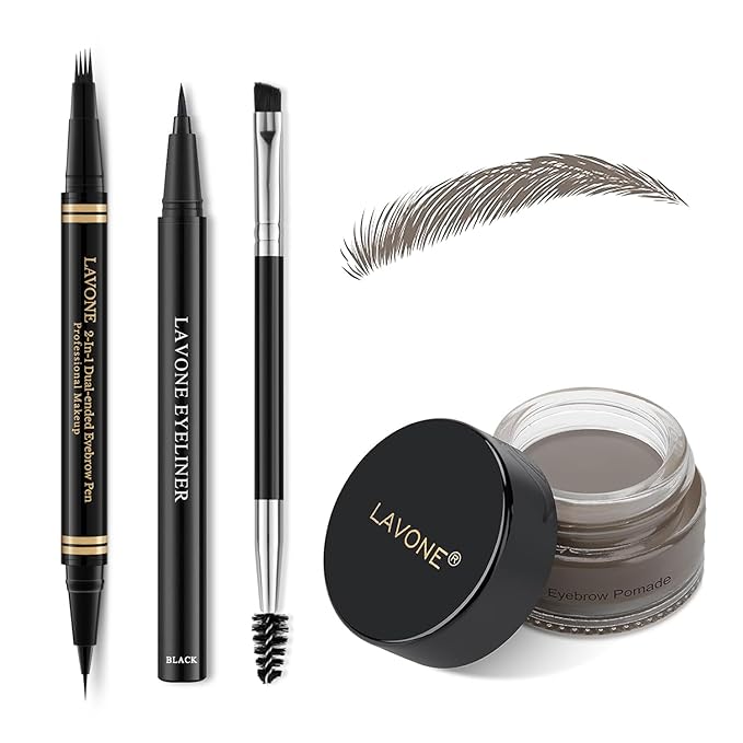 Makeup Kit with 4 Tip Waterproof Microblading Eyebrow Pencil, Eyeliner, Pomade and Dual-ended Brush, Brow Pencil Kit for Natural Looking - Grey