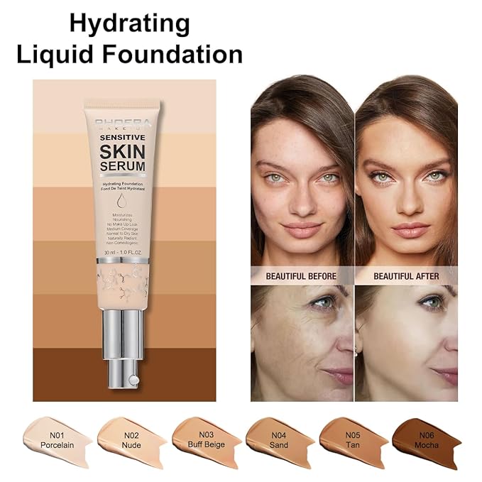 PHOERA Essence Foundation,Hydrating Waterproof and Light Long Lasting Hypoallergenic Full Coverage Foundation Serum. (N01 Porcelain)