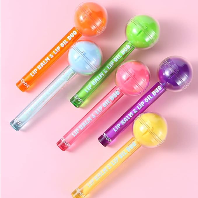 Tinted Lip Balm Lollipop Lip Gloss, Magic pH Color Changing Pink Lipstick & Vitamin E Clear Lip Oil Combo, Hydrating Plumping Lip Care Product for Girls (Green)