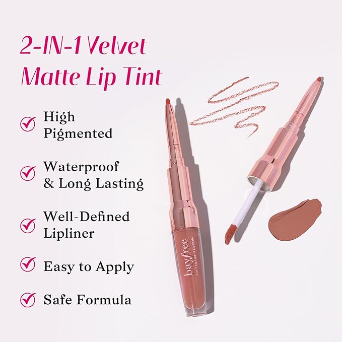2-IN-1 Lip Liner and Lip Stain, High Pigmented Long Lasting Velvet Lip Tint, Well-Defined Lipliner, Weightless Waterproof Not Animal Tested, Matte Finish Makeup