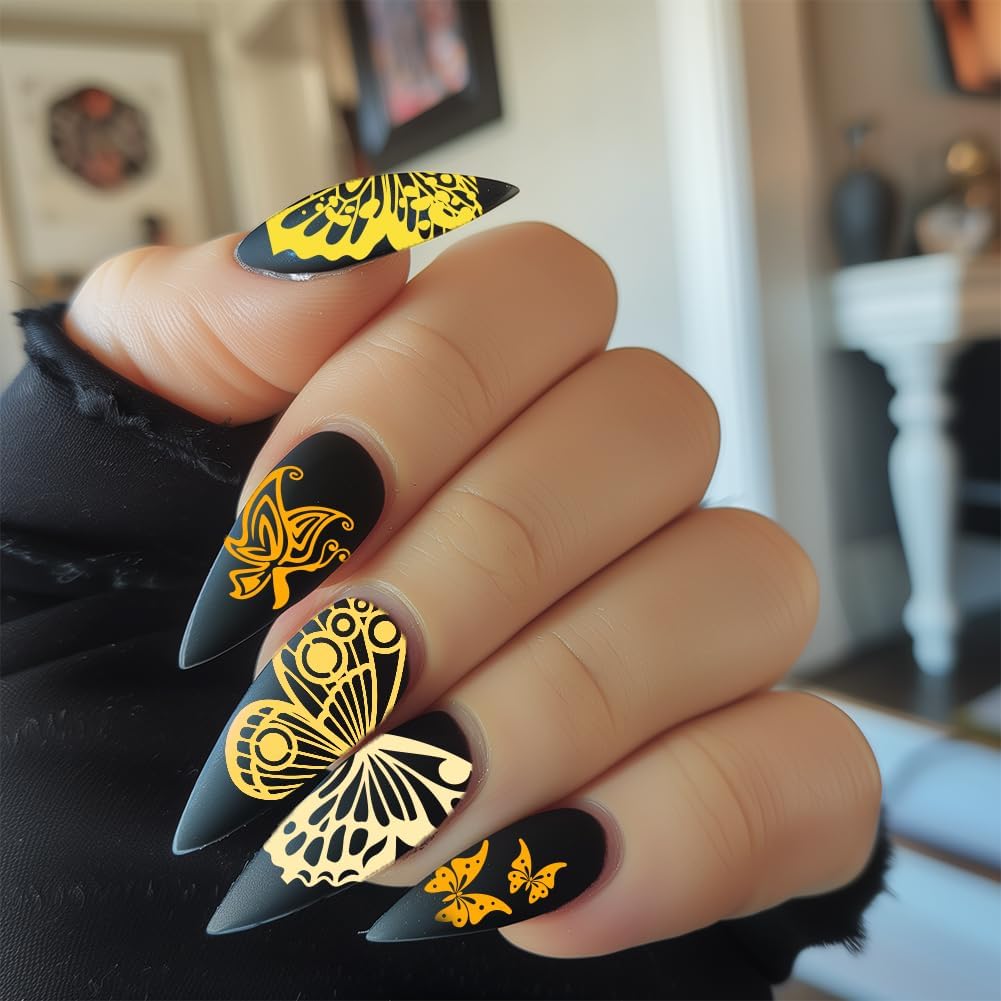 3Pcs Butterfly Nail Stamping Plate Set Floral Ginkgo Maple Leaves Stainless Steel Nail Stamp Templates Clear Silicone Nails Stamping with Stamper Scraper for Manicure Printing