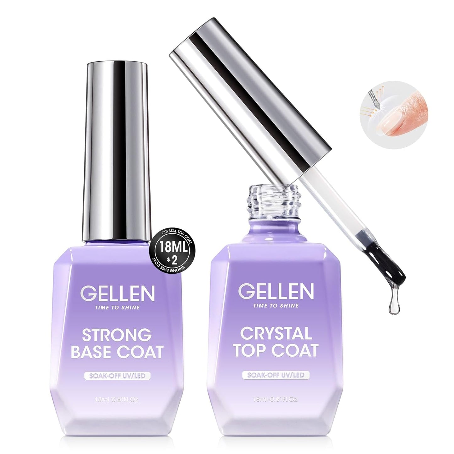 Gellen Crystal Base and Top Coat, 18ml Anti-scratch Nail Polish, Soak Off UV Light Cured Gel Top Coat, Salon Gel Polish