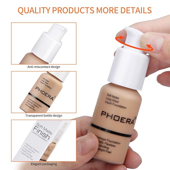 PHOERA Foundation Makeup Naturally Liquid Foundation Full Coverage Mattle Oil-Control Concealer 8 Colors Optional,Great Choice For Gift (#102 Nude,30ml)