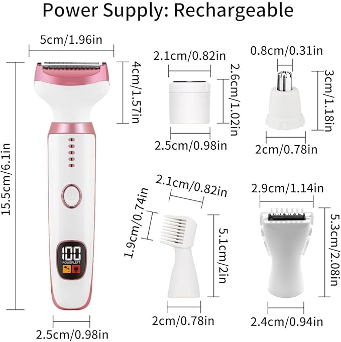 Electric Razors for Women, Bikini Trimmer for Women 5 in 1 Body Shaver for Nose Hair Face Eyebrow Arms Legs Armpit Underarm Pubic Area, Replaceable Lady Facial Razor Painless USB Charge Female Gift