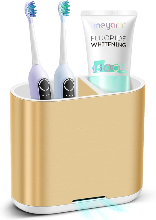 Chintu Toothbrush and Toothpaste Holder with Divider for Bathroom Countertop Organizer, Detachable for Easy Clean,Kids Electric Toothbrush Holders Storage Caddy for Family (Gold)