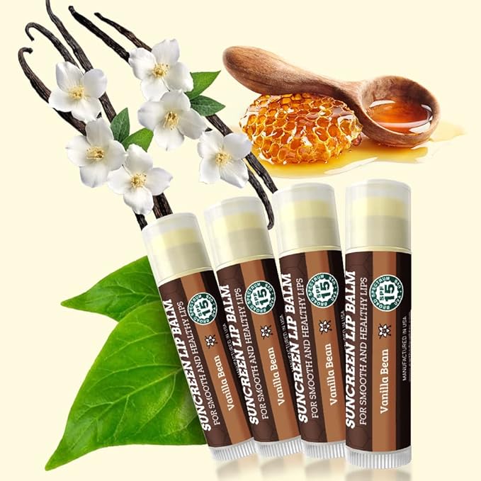 SPF Lip Balm 4-Pack by Earth's Daughter - Lip Sunscreen, SPF 15, Organic Ingredients, Vanilla Flavor, Beeswax, Coconut Oil, Vitamin E - Hypoallergenic, Paraben Free, Gluten Free