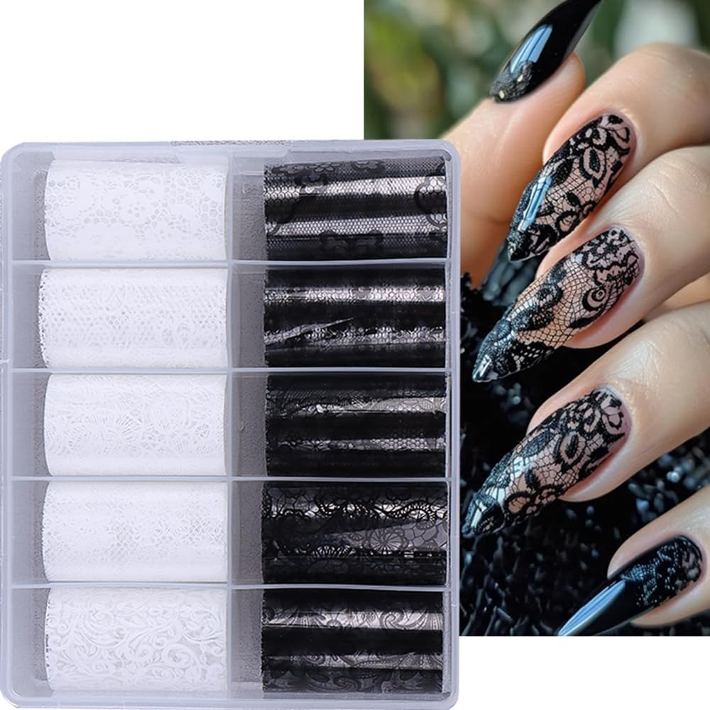 Lace Nail Art Foil Transfer Stickers Black White Flower Foil Transfers Decals Nail Supplies Starry Sky Lace Flowers Nail Foils Nail Art Adhesive Transfer Foils Sticker for Women Girls Manicure Tips