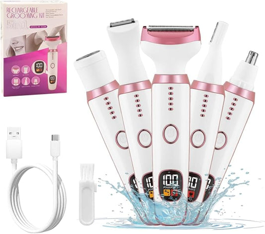 Electric Razors for Women, 5 in 1 Painless Ladies Wet & Dry Body Razors and Facial Hair Remover, Rechargeble Facial and Body Hair Remover for Face Nose Eyebrow Arms Armpit Legs Pubic Area（White）