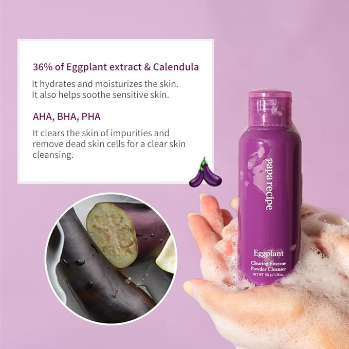 Papa Recipe Eggplant Enzyme Powder Cleanser - Soft Exfoliating Facial Wash for Sensitive Skin (50g, 1.72oz) - Korean Skincare for Radiant, Smooth Complexion, Safe for sensitive skin