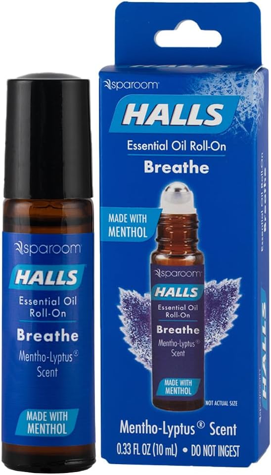 Halls Breathe Essential Oil Roll On Mentho-Lyptus – Refreshing Menthol and Eucalyptus Blend for Focus and Breathing Support, On-The-Go Wellness Aroma, 10mL Non-Greasy Skin Formula