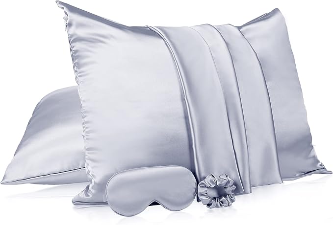 2 Pack Satin Pillowcase with Latent Zipper, Adjustable Satin Eye Mask for Sleeping and Satin Volume Scrunchie for Hair and Skin, Standard Size (Silver,Classic Style)
