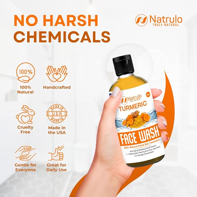 Natrulo Turmeric Face Wash, 4oz Clear Skin Liquid Soap – 100% Natural Anti Aging Exfoliating Turmeric Facial Cleanser for Fading Spots, Clearing Acne Scars, Age Spots, Sun Damage, Discoloration