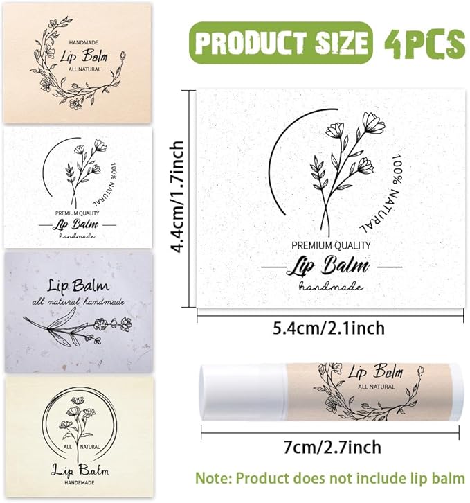 OLYCRAFT 100Pcs 4 Style Lip Balm Label Sticker Word Labels Stickers Adhesive Lip Balm Label Sticker Plastic Lipstick Tag Stickers for Lip Balm Container Tubes 1.7x2.1 inch