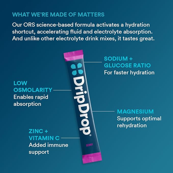 DripDrop Hydration Packets - Berry - Single Serve Electrolytes Powder Drink Mix - Non-GMO, Gluten Free, Vegan - 32 Sticks