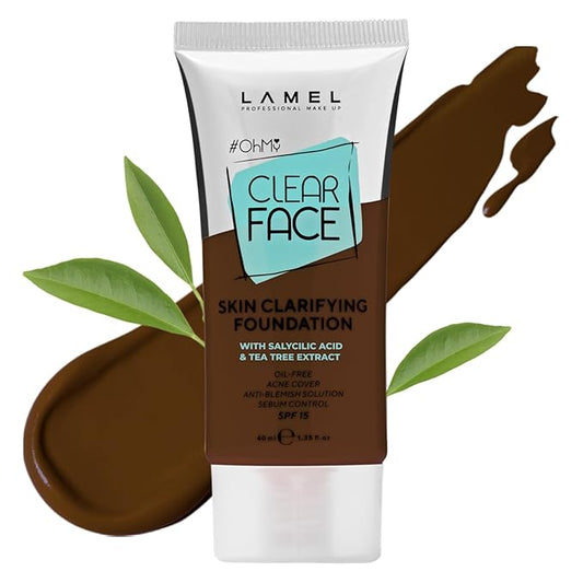LAMEL OhMy Clear Face Full Coverage Foundation - Acne Coverage - Salicylic Acid & Tea Tree Extract - Dewy & Flawless Finish - Sensitive Skin Care - Organic & Oil-Free - 411, 1.35 fl.oz