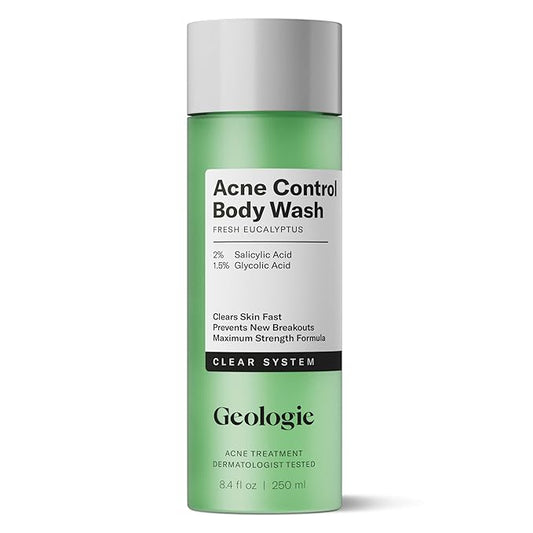 Geologie Acne Control Body Wash | Fresh Eucalyptus | 2% Salicylic Acid + 1.5% Glycolic Acid | Clears Body Acne & Prevents Breakouts | For Men & Women | No Benzoyl Peroxide | 8.4 oz