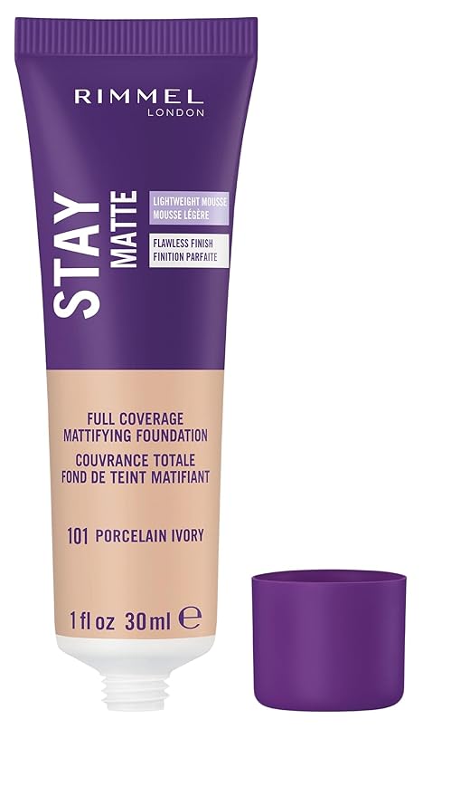 Rimmel London Stay Matte Liquid Mousse - 101 Porcelain Ivory - Foundation, Lightweight, Shine Control, Oil-Free, 1oz