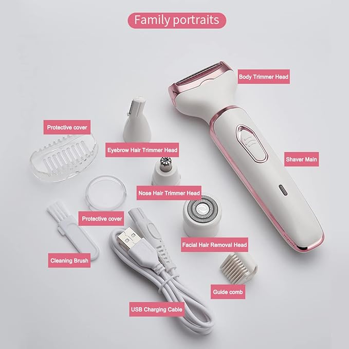 Bikini Trimmer for Women, Electric Razor Hair Shaver for Face Nose Eyebrow Beard Mustache Arm Leg Armpit Bikini, Replaceable Lady Facial Razor, Painless Rechargeable 4 in 1 Women Body Shaver for Trip