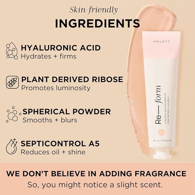 HALEYS Re-form Luminous Skin Foundation, VEGAN + CRUELTY-FREE, Blurs, Conceals, Blendable, Buildable Med-to-Full Coverage, Weightless, Oil-free, All-Day Wear, Hyaluronic Acid, All skin types (6.5)