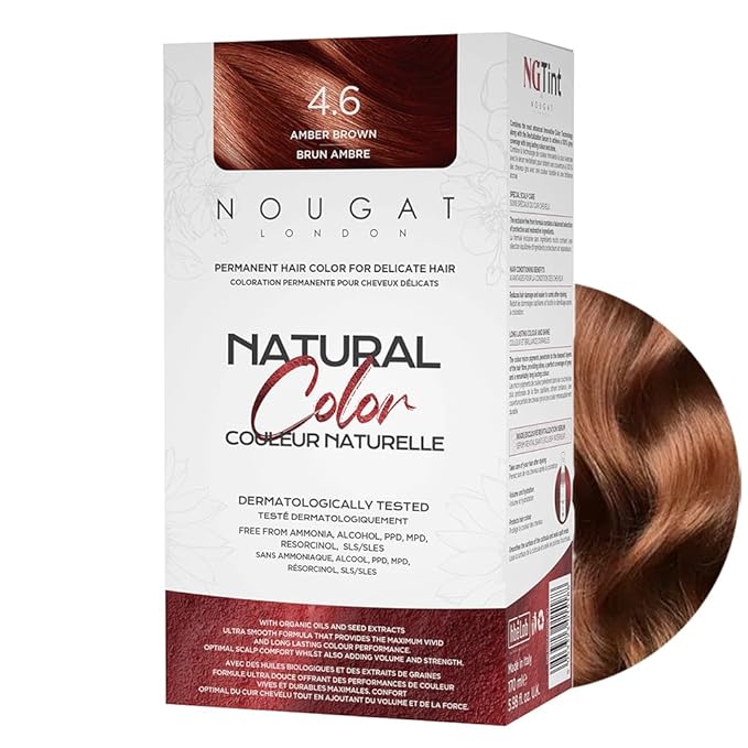 NOUGAT Amber Brown Natural Permanent Hair Color Kit,Dermatologically Tested, Ammonia & Alcohol Free, 100% Grey Coverage, Hair Mask & Essence included, Long Lasting