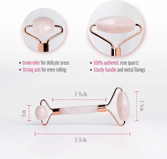 Rose Quartz Roller for Face - Facial Massage Tool for Natural Beauty Skin Care - Pink Face Roller Reduces Dark Eye Circles and Puffiness with 100% Authentic Quartz Crystal