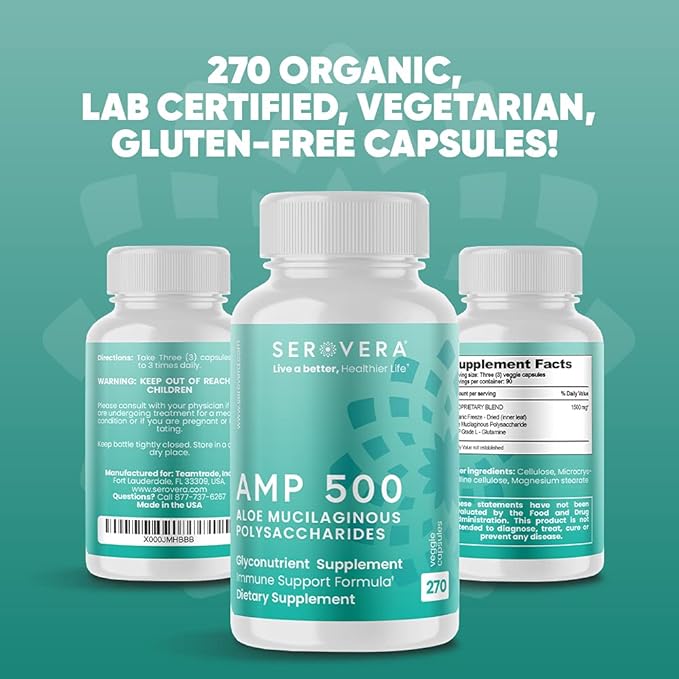 AMP Organic Aloe Glyconutrient Supplement - Support Immune System, Digestive Tract, and Colon Health 270 caps