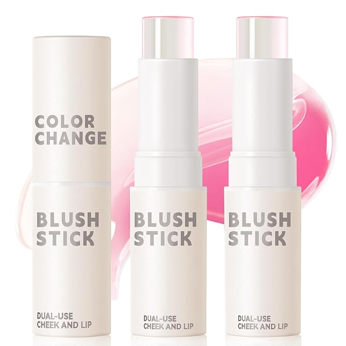 2PCS Color Changing Blush Stick for Cheeks Makeup,Clear Blush PH Temperature Change Magic Pink Cream Blusher Waterproof Multi-Use Lips and Face Tint,Matte Finish Natural Lightweight Jelly