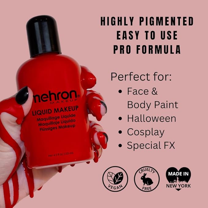 Mehron Makeup Liquid Makeup | Face Paint and Body Paint Perfect for Halloween, Cosplay I Air Brush Compatible 4.5 oz (133 ml) (Red)