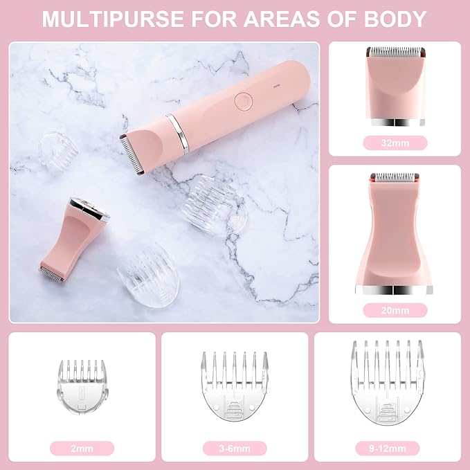 Bikini Trimmer for Women,Electric Razors Shaver for Bikini Legs Pubic Hair,Rechargeable Ladies Bikini Hair Trimmer Removal with Snap-in Ceramic Blades IP7X Washable Head,Wet and Dry Use,Pink