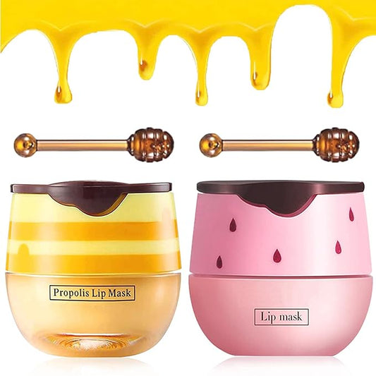 2PCS Bee Lip Balm Honey & Strawberry Lip Balm, Exfoliating Honey Pot Lip Balm Sleeping Lip Mask with Brush, Hydrating & Prevention Dry and Cracked, Lip Scrubs Exfoliator & Moisturizer