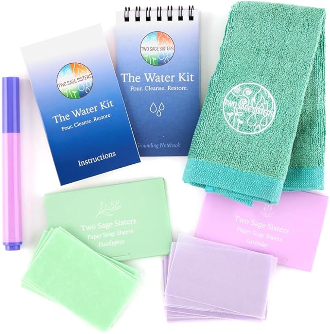 The Water Kit by Two Sage Sisters - Self Care Kit with Soap Sheets, Notebook, Marker, and Washcloth, Bath Shower Sets for Meditation and Relaxation, Mini Spa Kit Self Care Box for Women and Men