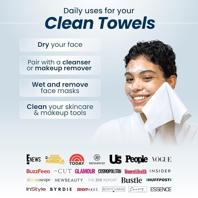 Clean Skin Club Clean Towels XL™, USDA Certified 100‪%‬ Biobased Dermatologist Approved Face Towel, Disposable Makeup Remover Dry Wipes, Facial Wash (4 pack)
