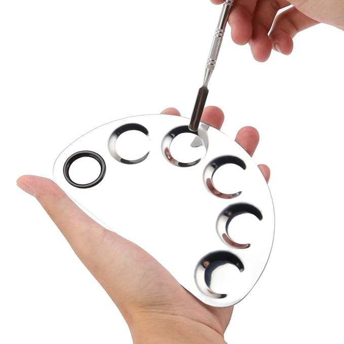 4 Pack Metal Makeup Palette, Makeup Mixing Palette with Spatula Makeup Palette Mixer Tray for Color Mixing and Makeup, Silver（2 Sizes）