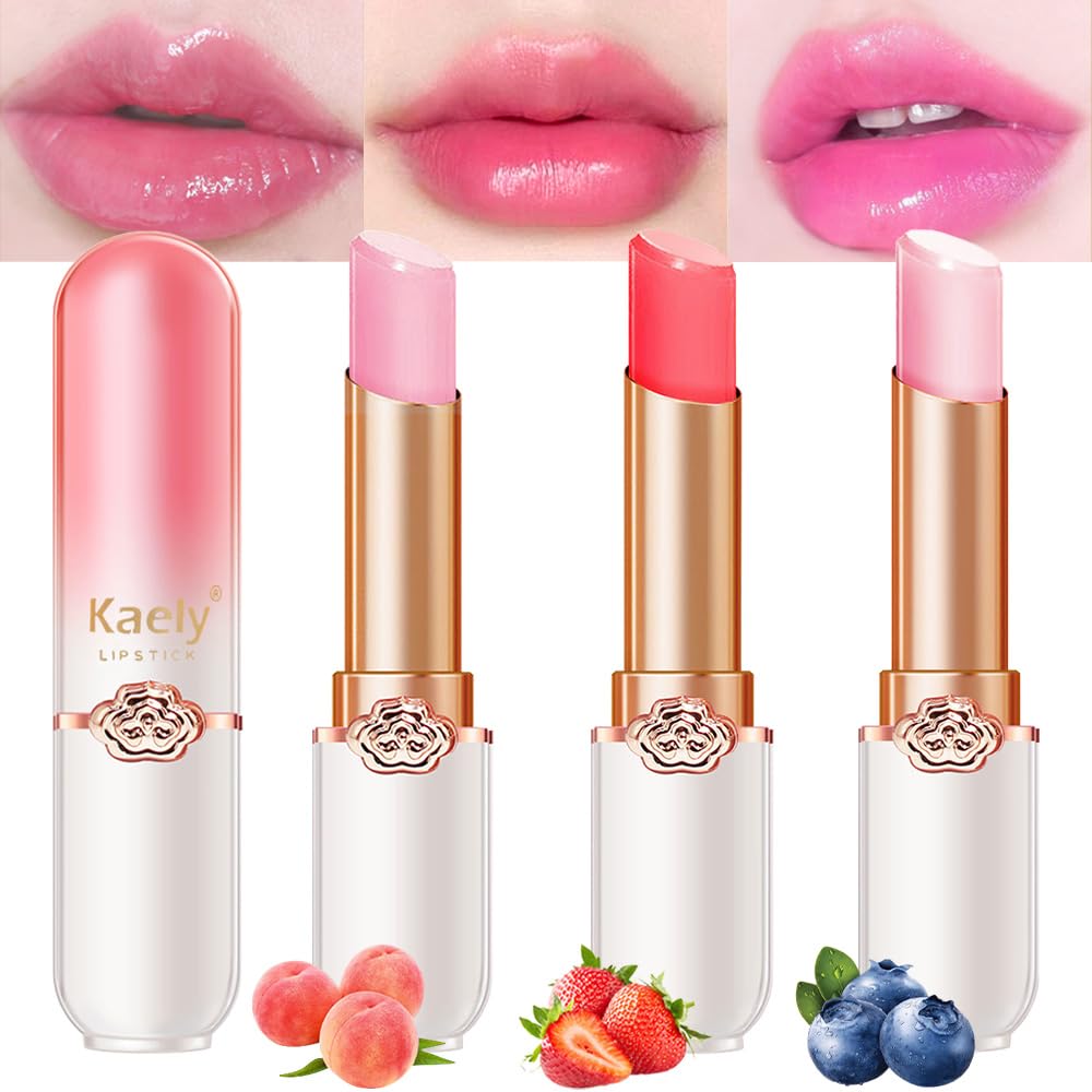 Kaely 3Pcs Peach Strawberry Blueberry Hydrating Lipstick Tinted Lip Balm, Color Changing PH Lipstick Makeup, Korean Magic Lip Stain Long Lasting Waterproof, labiales magicos 24 horas originales