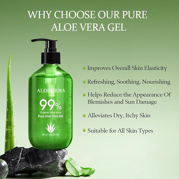 Aloderma 99% Organic Aloe Vera Gel Made within 12 Hours of Harvest - Lightweight, Non-Sticky Aloe Gel for Face Body, Hair, & Scalp, After Sun Relief, Natural, Soothing Hydrating Aloe Gel, 10.6oz