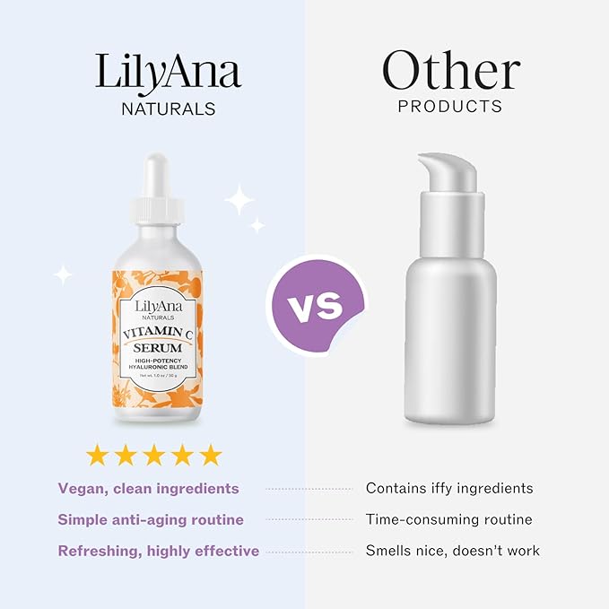LilyAna Naturals Vitamin C Serum for Face - with Hyaluronic Acid and Vitamin E, Anti Aging Serum, Reduces Age Spots and Sun Damage, Promotes Collagen and Elastin (Double Pack)
