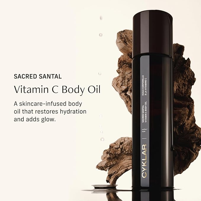 Vitamin C Body Oil for Women and Men. Moisturizing Sacred Santal Scented Body Serum for Glowing Skin. Nourishing, Hydrating After-Shower and Bath Skin Care Moisturizer, 4.2 Fl Oz