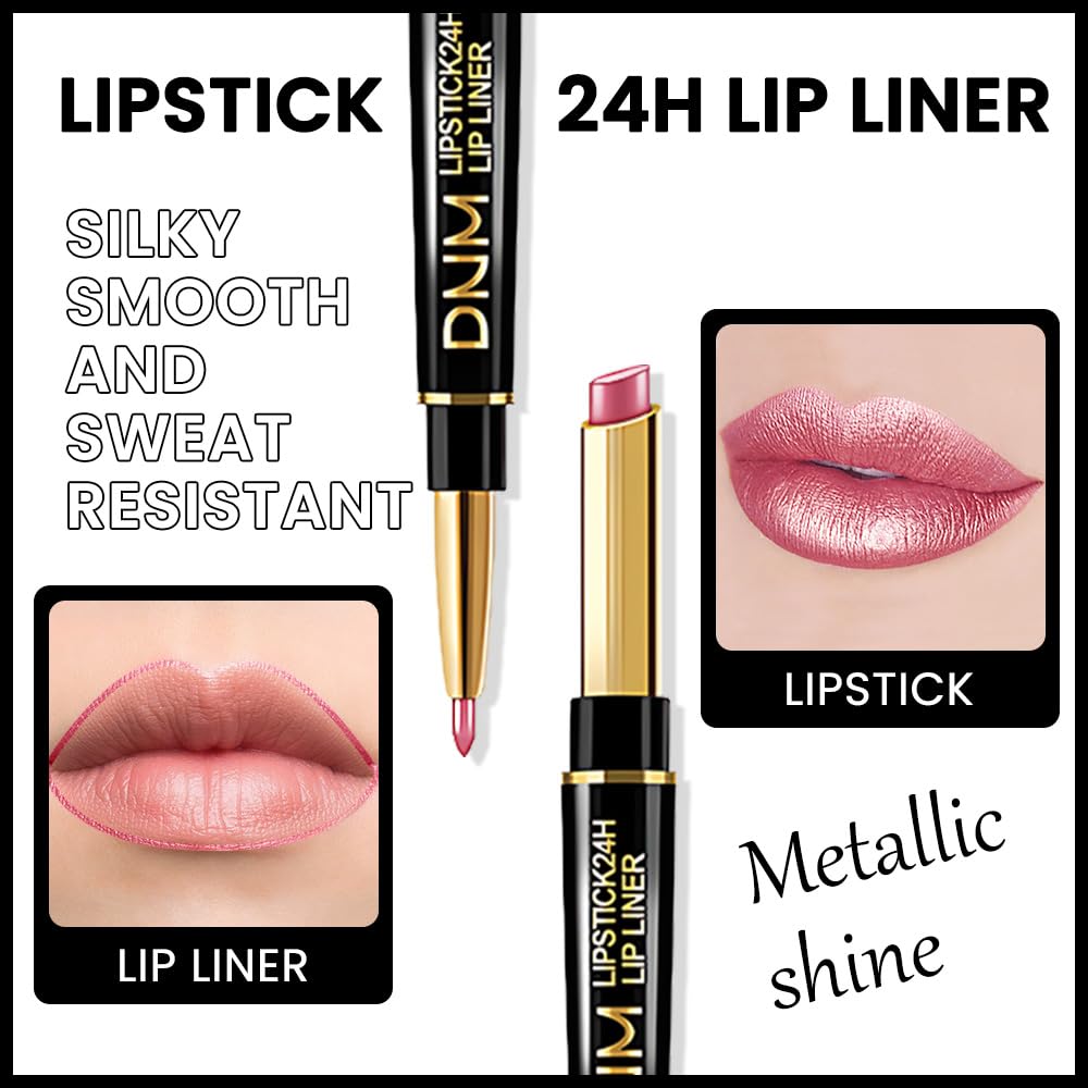 Kaely 2-in-1 Natural Pink Metallic Shine Shimmer Lip Liner & Lipstick Combo Set Kit for Women, Lightweight Hydrating Formula High Impact Full Coverage Lipstick and Lip Liner Makeup Gloss 20