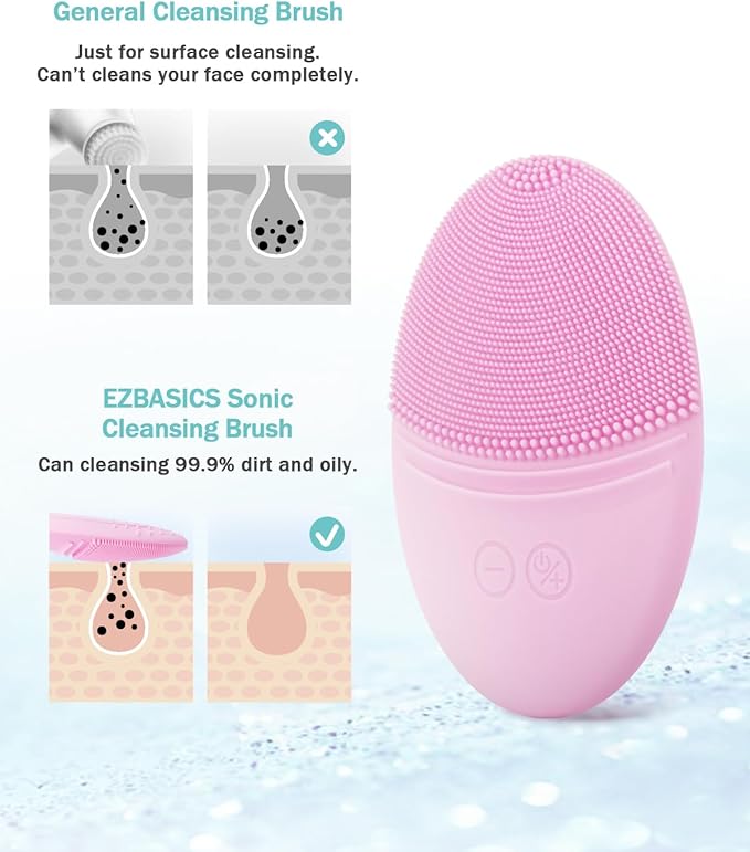 EZBASICS Facial Cleansing Brush Made with Ultra Hygienic Soft Silicone, Waterproof Sonic Vibrating Face Brush for Deep Cleansing, Gentle Massaging, Inductive Charging (Pink)1 Pack+5 Speed Settings