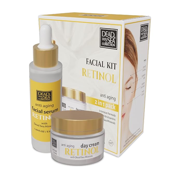 Dead Sea Collection Facial Kit Retinol - Day Cream (1.69fl.oz/50ml jar) & Facial Serum (1.69fl.oz/50ml bottle) - Pure Dead Sea Minerals - Anti-Wrinkle Hydration Smooth and Moisturized Skin